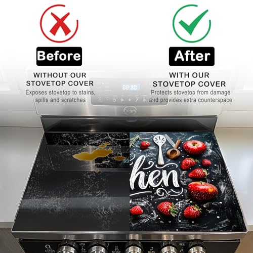 Image of Nuxovilar Stove Top Cover for Electric Stove, 20x28 Inch Polyester Glass Cooktop Protector with Chalkboard Style Strawberry Kitchen Utensil Design,for Kitchen Decor