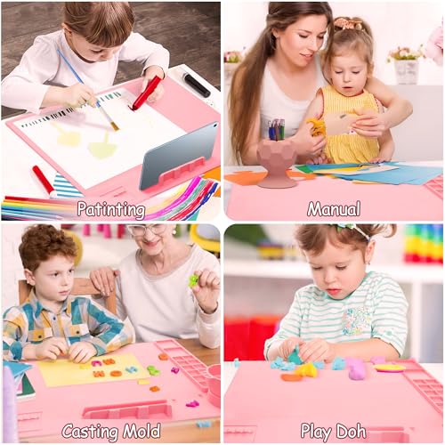 iArtker Silicone Painting Mat with Cup and Palette, 20"×16" Non-Slip Silicone Craft Art Mat with Stand and Lid for Painting, Resin, DIY, Pink