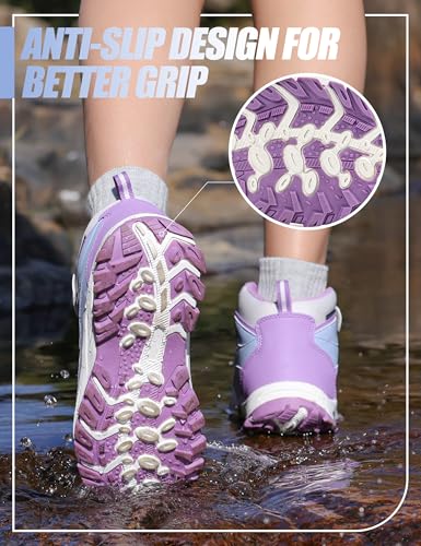 R CORD Girls Hiking Boots Waterproof Durable Kids Hiking Boots TPR Traction Hook&Loop Closure Girls Hiking Boots Anti-Skid Athletic Outdoor Boots3