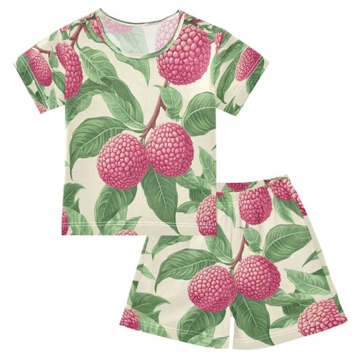 Pajama Sets Short Sleeve Lychee Fruit Green Leaves Soft Cotton Summer Sleepwear 2 Piece PJS Size 5-14T