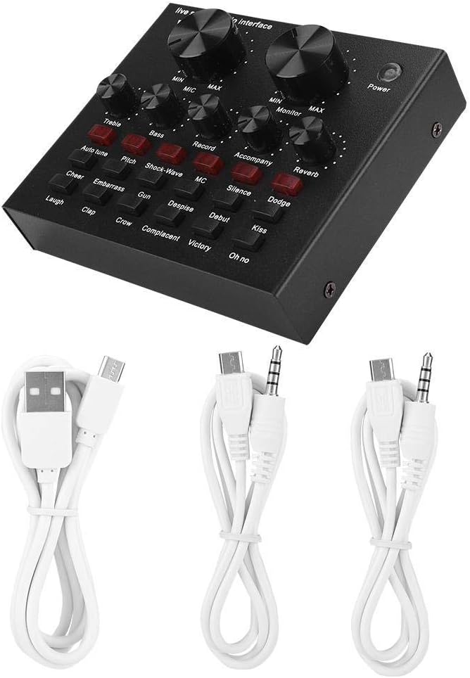 V8 Sound Card with included USB charging cable and two audio cables