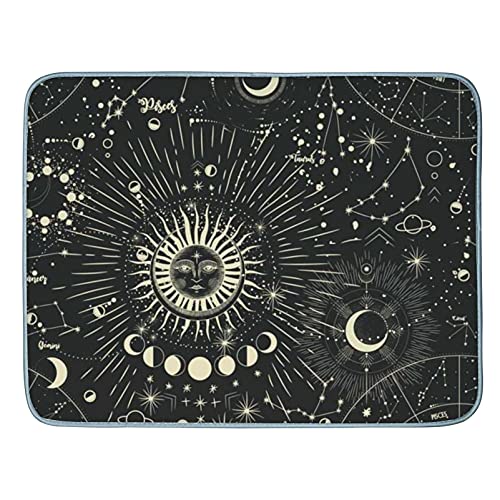 Kuizee Dish Drying Mats for Kitchen Counter Moon Phases Sun Zodiac Mysterious Astrology Reversible Absorbent Dishes Drainer Pad Machine Washable Tableware Mat Small Size 16 x 18 Inch