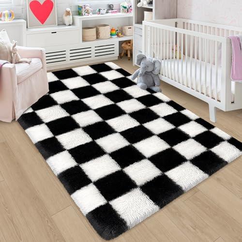 Modern Soft Black and White Checkered Rug for Bedroom or Living Room 3x5 ft