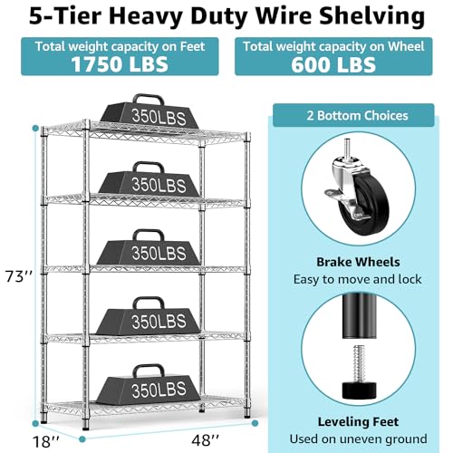 Image of M MZG 5-Shelf Storage Shelves,Wire Shelving Heavy Duty Metal Storage Shelving Unit Adjustable Garage Shelving Rack Pantry Kitchen (Chrome, 5 Tier,17.7 inch D x 47.2 inch W x 76.7 inch H)