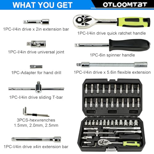 46-Piece Industrial 1/4 Drive Socket Wrench Set with Bit Sockets and Extension Bar for Auto and Home Repair, Includes Storage Case