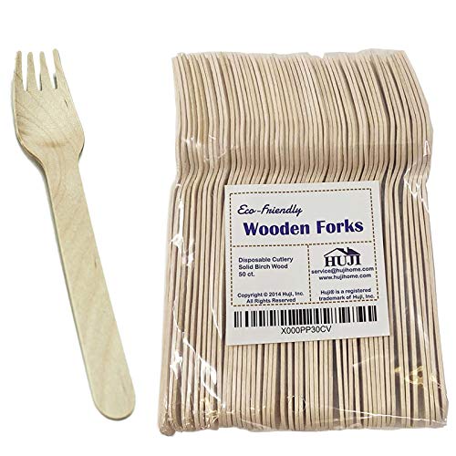 HUJI Eco-Friendly Disposable Wooden Forks Set Silverware for Birthday Party Events Holiday Family Gathering Camping BBQ Cutlery (50 ct., Forks)