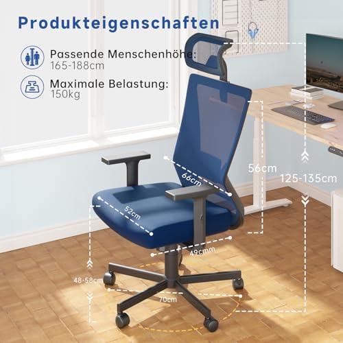 Dripex Bürostuhl, ergonomischer Schreibtischstuhl, Chefsessel mit breites Schaumstoffkissen...