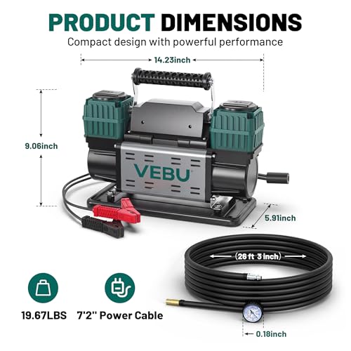 Image of Heavy Duty Air Compressor 12V Tire Inflator, Dual Cylinder 125PSI with In-line Pressure Gauge, 10.6CFM Fast Inflation for Off-road Vehicles, Trucks, SUVs, RVs, ATVs, DC Power, Corded Electric