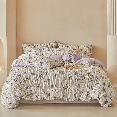 Image of VM VOUGEMARKET Shirred Duvet Cover Set Twin,Vintage Purple Floral