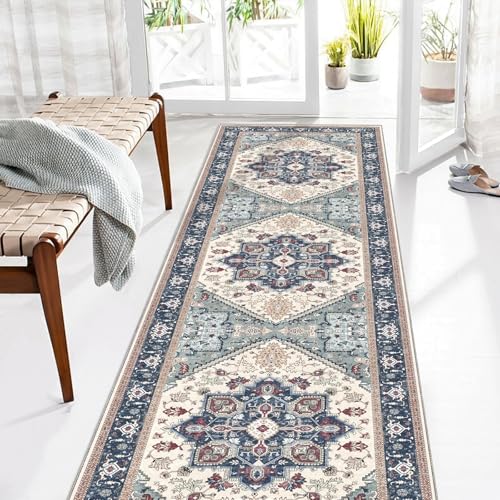 OPPODREAM Soft Entryway Rug 2x8, 2x8 Rug Runner, Washable Hallways Carpet 2 x 8 with Non Slip Backing, Low-Pile Bedside Carpet 2 x 8, Long, Faux Cashmere, Navy Blue & Red & Cream