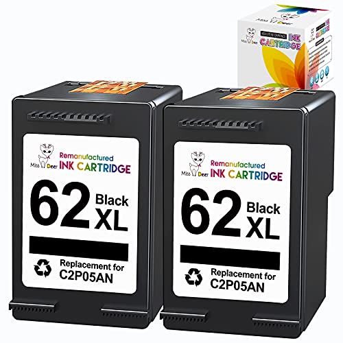 Miss Deer Remanufactured 62 Black Ink Cartridge Replacement for HP 62XL 62 XL Work with Envy Envy 5540 5640 5660 7640 5642 7645 5549 OfficeJet 5740 5741 8040 OfficeJet 200 250 Mobile Printer 2-Pack