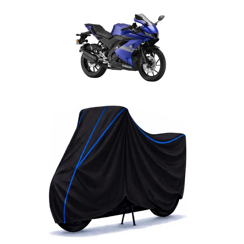 Image of R15S Bike Cover Water Resistant Universal Motorcycle Rain | Heavy Duty UV Protection, Dust, Scratch Indoor Outdoor All Weather with Black Blue Piping Elastic