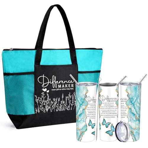 Buryeah 2 Pcs Employee Appreciation Gifts Difference Maker Gifts for Women Thank You Tote Bag & Tumbler for Coworker(Lake Blue)