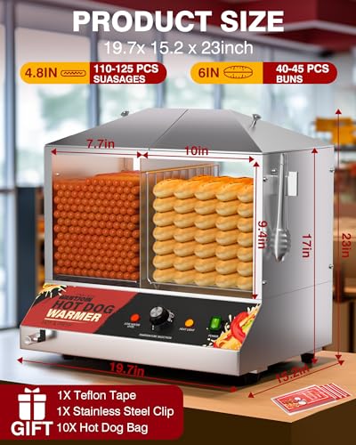 Image of WantJoin Commercial Hot Dog Steamer - 36L /38QT Electric Hot Dog Steaming Machine and Bun Warmer, Stainless Steel Hot Dog Cabinet with Tempered Glass 200-275 Sausages & 40-45 Buns