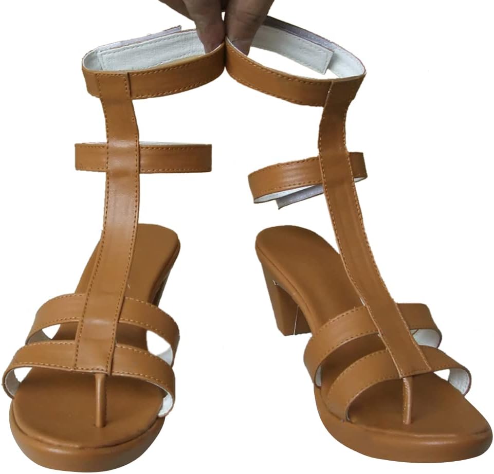 Brown T-Strap Anime Cosplay Sandals with Block Heels Female Adult Role Play Footwear for Comic Con & Halloween Costumes