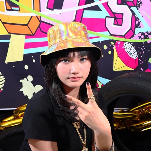 Image of Unisex Black Bucket Hat Waterproof Rain Hat Reversible Shiny Rave Bucket Hat for Concert Festival
