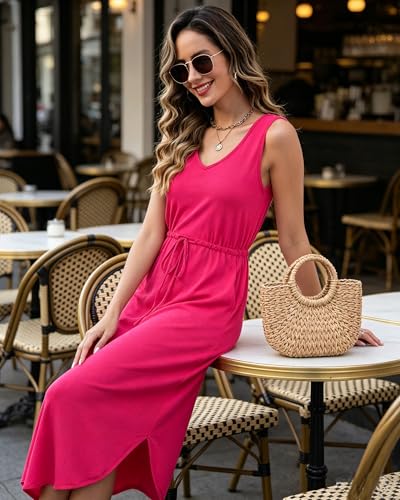 Image of Hount Womens V Neck Sleeveless Casual T Shirt Dress Summer Midi Dress with Pockets
