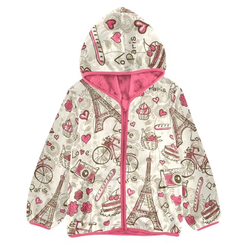 OTVEE Vintage Paris Tower Pink Heart Kids Hoodie Jacket Fall Spring Full Zip Warm Outwear Coat