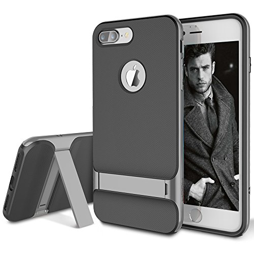 iPhone 7 Plus Case, ROCK [Royce Stand] - Black & Iron Grey [Ultra Thin][Kickstand][Metal Texture Side Buttons][Dual Layered][Slim Fit][Hard PC + Soft TPU] For Apple iPhone 7 Plus (2016)