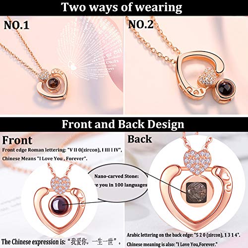 I Love You Necklace 100 languages for Her Girlfriend Mom Rose Gold Antler Dear Elk Memory Projection Necklace in Different Ways Mother's Day Birthday Gift For Daughter Wife Box (Rose Gold -2 Heart)2