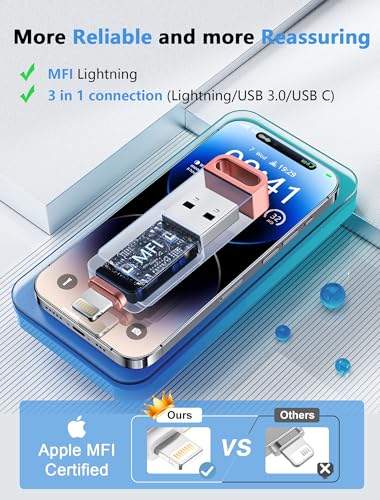 MFi Certified 512GB Photo Stick, 3 in 1 USB Flash Drive for iPhone Memory Stick with Photo Backup Drive, High Speed USB Thumb Drive Storage for iPhone/iPad/Android/PC Pink