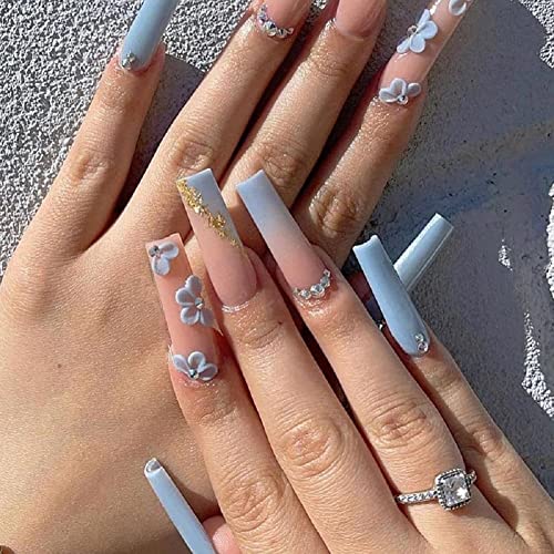 Press on Nails, 24Pcs Coffin False Ballerina Nails Tips Long Medium Short False Nails with Nails File Glue Stickers for Women Girls (Blue Flower)