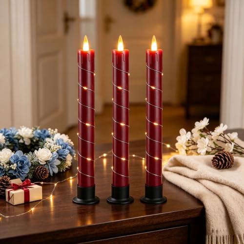 Image of Da by 3 Pack Red Dripping Wax Flameless Candles, Realistic Dynamic Flame LED Taper Candles with Surrounding Fairy String Lights, Remote Control Battery Operated Candles for Home Wedding Holiday Decor