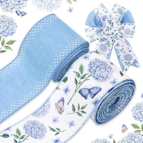 JarThenaAMCS Blue Hydrangea Flower Wired Edge Ribbon Watercolor Butterfly Floral Craft Fabric Ribbon for Spring Summer Wreath Bow DIY Wrapping Party Decor 2 Rolls 20 Yard