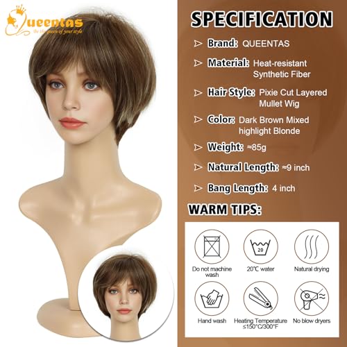 Image of 8 inch Short Synthetic Pixie Cut Wig for Women with Bang Brown Highlight Blonde