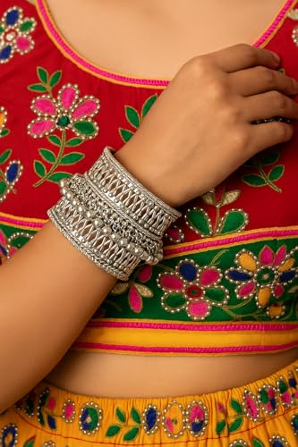 Image of I Jewels Navratri Ethnic Silver Oxidised Adjustable Afghani Ghungroo Cuff Kada Bracelet For Women