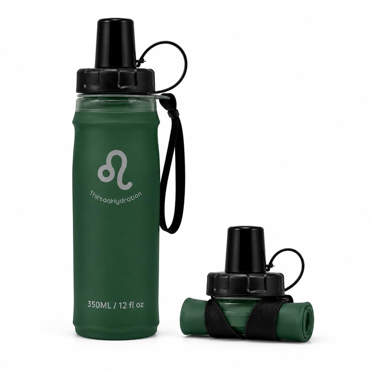 Thirsaa Collapsible Soft Flask Water Bottle, BPA FREE Hydration Bottle with Roll Up Design for Running, Hiking, Cycling or Travelling (1, 350, Millilitres, Charcoal)