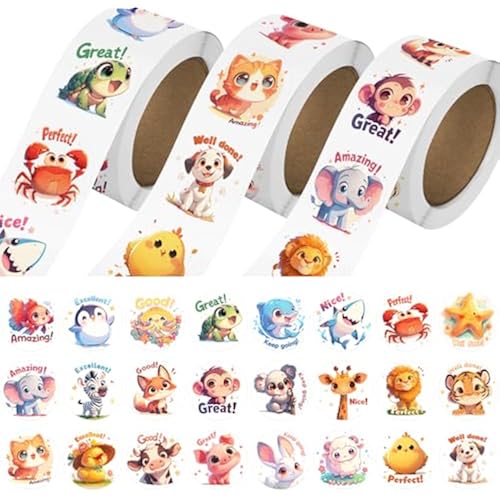 3 Rolls Animal Stickers for Kids, 1500 PCS Kids Stickers Bulk for Toddlers 2-4, 24 Designs Farm/Ocean/Wild Cute Sticker with Motivational Words for Kid Reward, School Supplies (1.0 Inch)