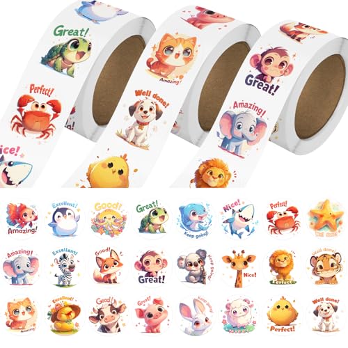 3 Rolls Animal Stickers for Kids, 1500 PCS Kids Stickers Bulk for Toddlers 2-4, 24 Designs Farm/Ocean/Wild Cute Sticker with Motivational Words for Kid Reward, School Supplies (1.0 Inch)