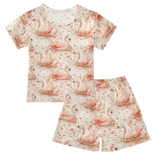 ALAZA Watercolor Cute Swan Pajamas Short Sleeve 2 Piece Sleepwear Top and Bottom Pajama Set Unisex
