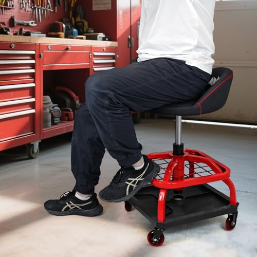 Image of Rolling Stool with Red Wheels, Heavy Duty Garage Work Mechanic Rolling Shop Stool with Backrest, Adjustable Height 360Swivel Roller Mechanic Chair with 2 Tool Trays, 330 LBS Capacity