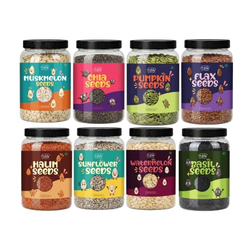Image of LILA DRY FRUITS 8-in-1 Ultimate Seed Mix Chia Pumpkin Sunflower Watermelon Muskmelon Flax Basil Halim Seeds 100 g each