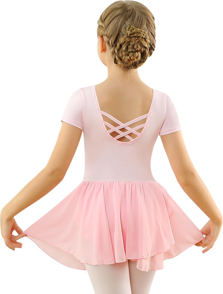 Mulnall Ballettkleid Mädchen Ballett Kleid Kurzarm Langarm Criss Cross Baumwolle Balletttrikot Gymnastik Kinder Tanzbody mit Rock Tütü Kostüm Tanzbekleidung 2-12 Jahre