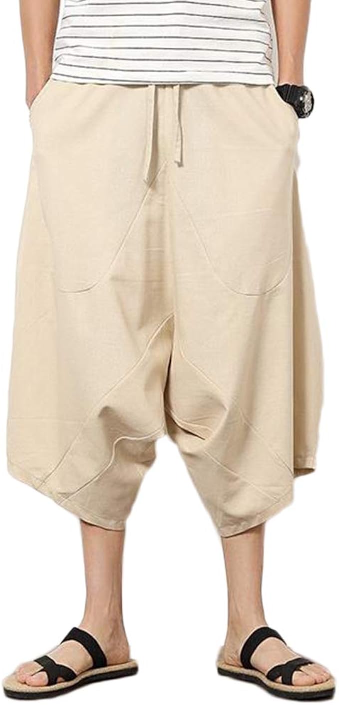Pantaloni Larghi Eleganti Uomo Pantaloncini Sarouel Pinocchietti Cavallo  Basso Casual Pantalone di Lino : Amazon.it: Abbigliamento