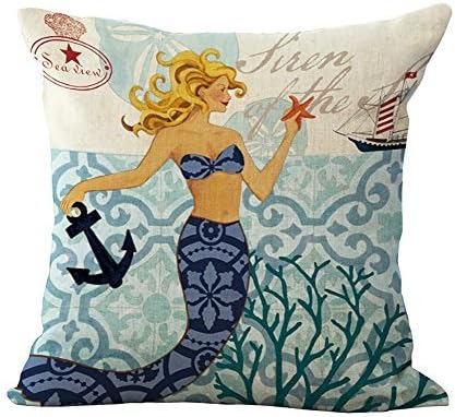 Modern Design Mediterranean Style Cotton Linen Square Home Decorative Throw Pillow Case Cushion Cover 18 "X18 " … (Mermaid 4) Kitchen