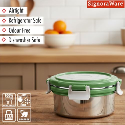 Image of Signoraware Lock N Store Stainless Steel Round Container With Steel Lid | Airtight & Leakproof | Compact & Durable | Ideal for Snacks, Office, School & Travel Use (450ml | EGreen)