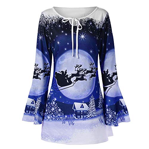 Preisvergleich Produktbild LOPILY Weihnachtspullover Damen 3D Optiken Weihnachtspullis mit Trompetenärmel Locker Oberteil mit Weihnachtsmotiven Damen Xmas Pullover Damen Locker für Weihnachtsparty Sweater (Blau, 3XL)