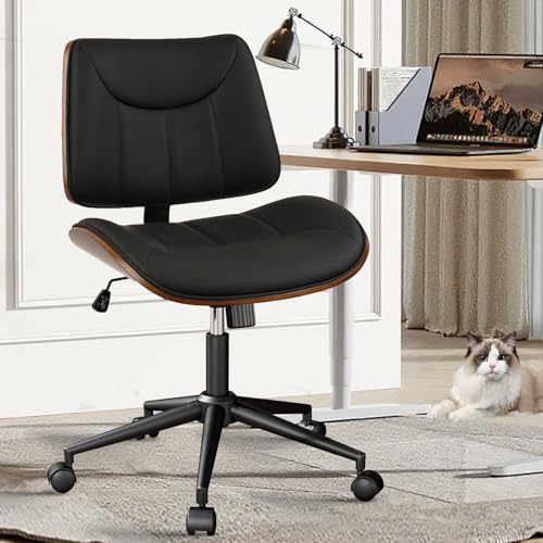 Image of CLATINA Office Chair Armless with Wheels, Mid-Century Modern Walnut Desk Chair, Adjustable Height Reading Chair, PU Leather Mid Back & Swivel Computer Chairs for Home Meeting Room Bedroom, Black(1 PK)