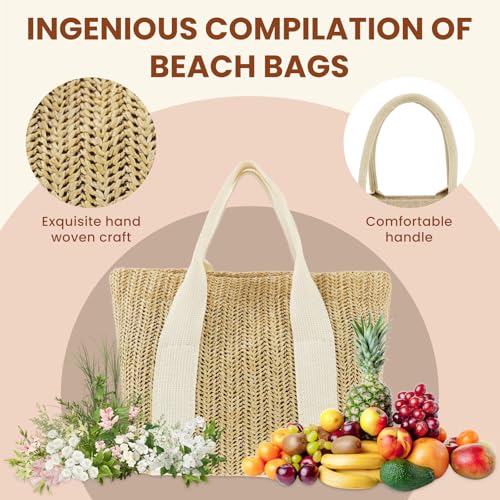 3 piezas de bolsas de playa tejidas a mano para mujer, 9,8 x 5,5 x 8,7 pulgadas, bolsa tote tejida de yute y malla hueca, con asa y correa para hombro, ideal para vacaciones, compras y viajes miniatura 5