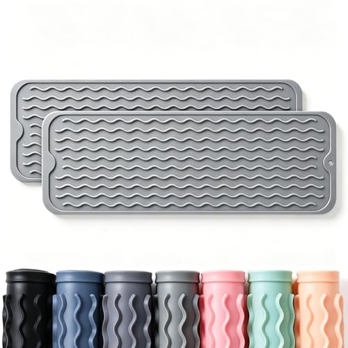 Image of 2 Pack Caketime Silicone Dish Drying Mat for Kitchen Counter Bathroom Under Sink Protector Faucet Drip Gadgets Clearance Washer Dryer Countertop Organizer Drain Tray 17 inchx6 inch Light Gray