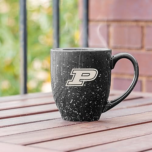 Image of Rico Industries NCAA Purdue Boilermakers Black Personalized 16 oz Team Color Laser Engraved Speckled Ceramic Coffee Mug