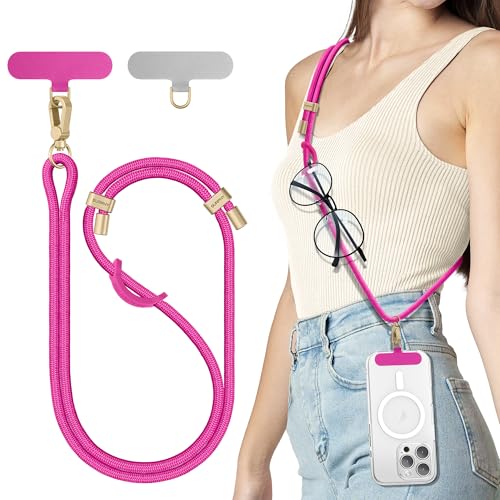 Image of SURPHY Phone Lanyard Crossbody, Phone Strap Crossbody with 2 Tether Tabs | Adjustable Cell Phone Lanyard, Anti Theft Phone Strap, Premium Metal Buckles, Universal Lanyard for Travel, Hot Pink