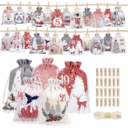 24 Stück Adventskalender zum Befüllen Groß Säckchen, 2025 Befüllbarer Stoffsäckchen Beutel Kalender Selbst Befüllen, XXL Adventssäckchen Weihnachtskalender zum Selber Befüllen für Kinder Erwachsene