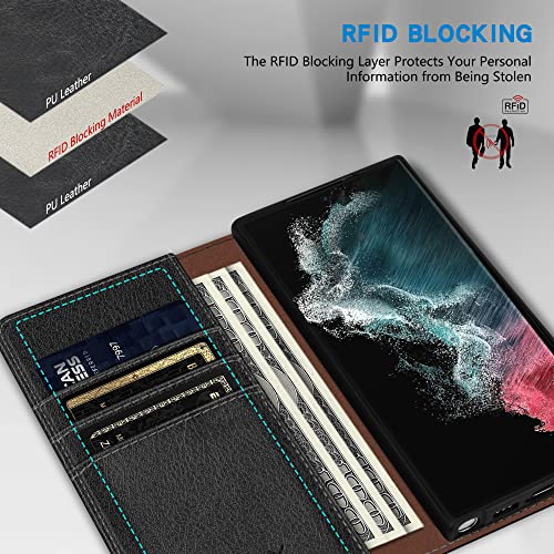 Image of ZZXX for Samsung Galaxy S22 Ultra Wallet Case with [RFID Blocking] Card Slot Stand Strong Magnetic Leather Flip Fold Protective Phone Case for Samsung Galaxy S22 Ultra Case Wallet(Black-6.8 inch)