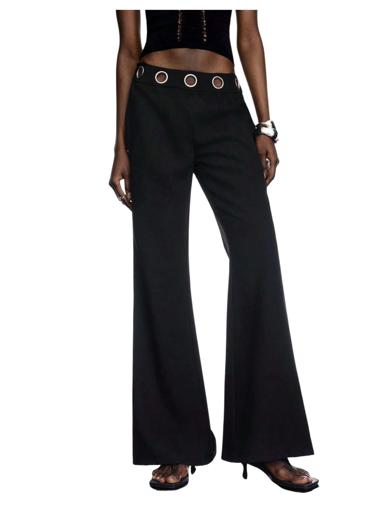 MakeMeChic Womens Bell Bottom Pants Low Waist Grommet Eyelet Flare Leg Trousers