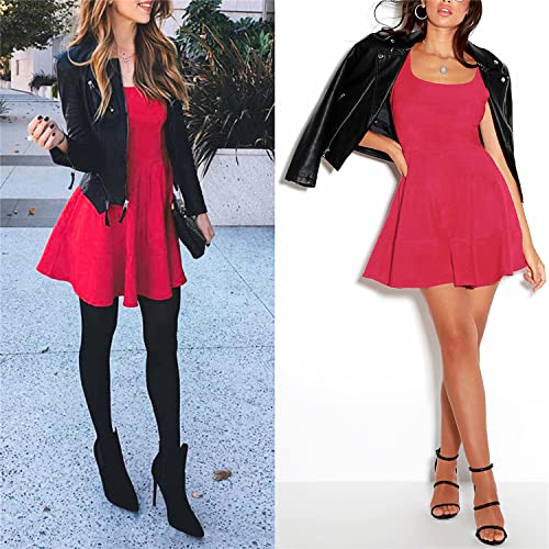 Image of FANCYINN Women's Short V-Back Dress U-Neck Inslace Hem Wide Straps Tank Mini Skater Cocktail Dresses